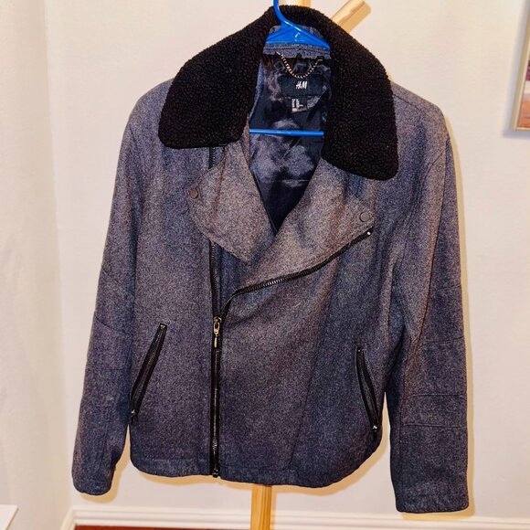 H&M Biker Style Wool-Blend Coat with Faux Shearling Collar – Size 40R - Picture 1 of 3